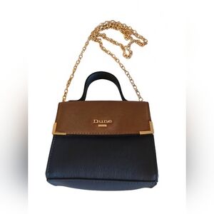 DUNE London Mini Satchel Navy/Brown Faux Leather Clutch Gold Chain Purse